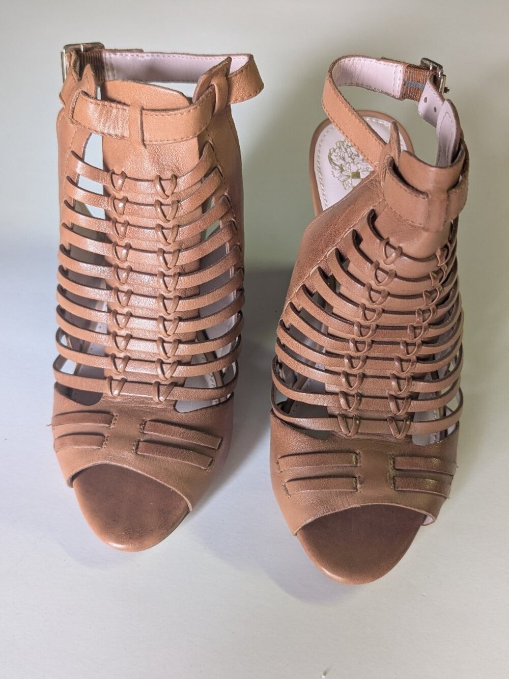 Vince Camuto Effel Gladiator Cage Sandals Tan Leather Cone Heel Spring Boho 7W